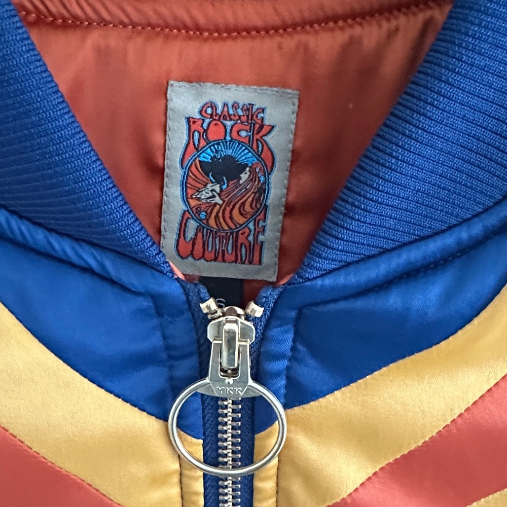 Classic Rock Couture Blue Bomber Jacket with Orange and Yellow Accents - Picture 2 of 6